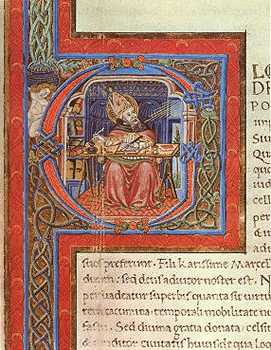 San Agustín en el Scriptorium. Miniatura de Jacopo da Fabriano (1456). Ms Reg. Lat. 1882, fol. 3r, lett. G.