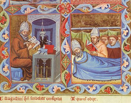 San Agustín que escribe, y muerte de San Agustín. Siglo XIV. Miniatura. Ms Vat. Lat. 8541, fol. 75, 3-4.