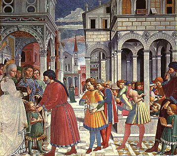San Agustín en la escuela. Pintura al fresco de B. Gozzoli (1465). Iglesia de San Agustín en San Gimignano, Toscana, Italia.