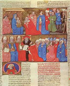 Epifanía del Señor y Justiniano que presenta su códice al Papa: a la derecha del Papa, San Agustín. Miniatura. Ms Urb. Lat. 164, fol. 77r.