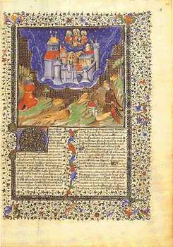 Miniatura de la Escuela Francesa del Norte. El justo y el pecador a los pies de la Ciudad celeste habitada por la Santísima Trinidad. Biblioteca Nacional de París (Fr. 23, f. 2).