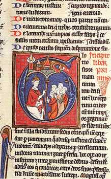 San Agustín. "De Civitate Dei". Siglo XIV. Miniatura. Manuscrito de la Real Biblioteca del Monasterio del Escorial (P.I. 19, fol. 1). Madrid, España.