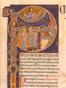 San Pablo y la Ciudad de Roma. Miniatura de un manuscrito de la "Expositio in Epistolas Pauli", de San Agustín. Autor: Florus de Lyon (1164). Biblioteca Nacional de París. Ms.lat. 11575, f.1 .